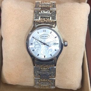 LOIS HILL Sterling Silver Large Round White Face Alternating Links Swiss Watch